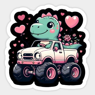 Cute Girls Kids Valentines Day Dinosaur Riding Monster Truck Sticker